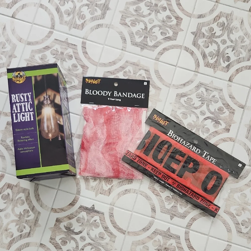 Halloween Decor Bundle - Rusty Attic Light, Bloody Bandage, and Biohazard Tape